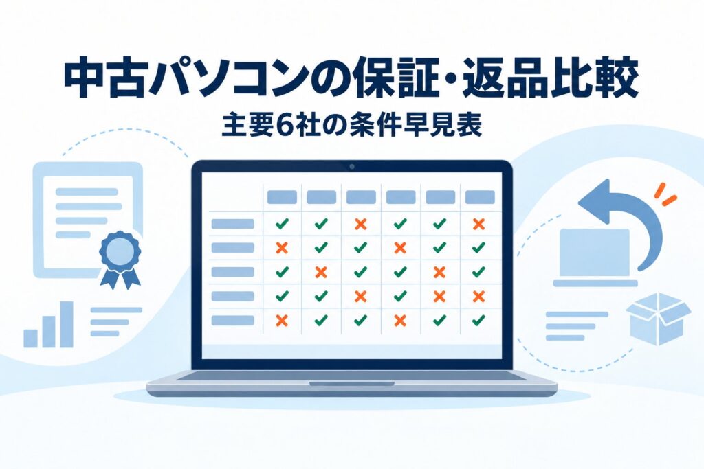 中古パソコンの保証・返品比較｜主要6社の条件早見表
