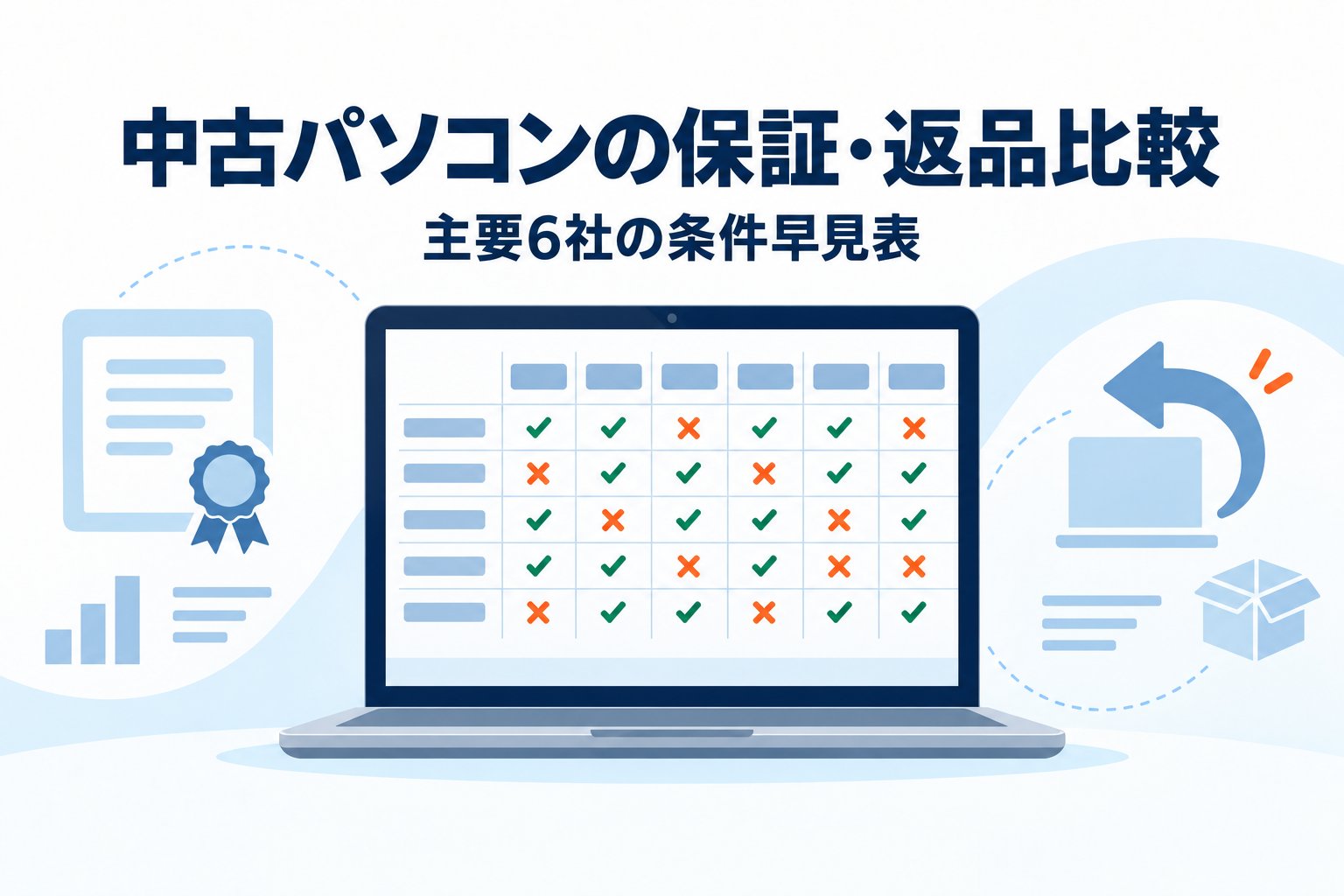 中古パソコンの保証・返品比較｜主要6社の条件早見表