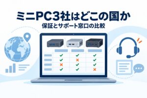 ミニPC3社はどこの国か｜保証とサポート窓口の比較