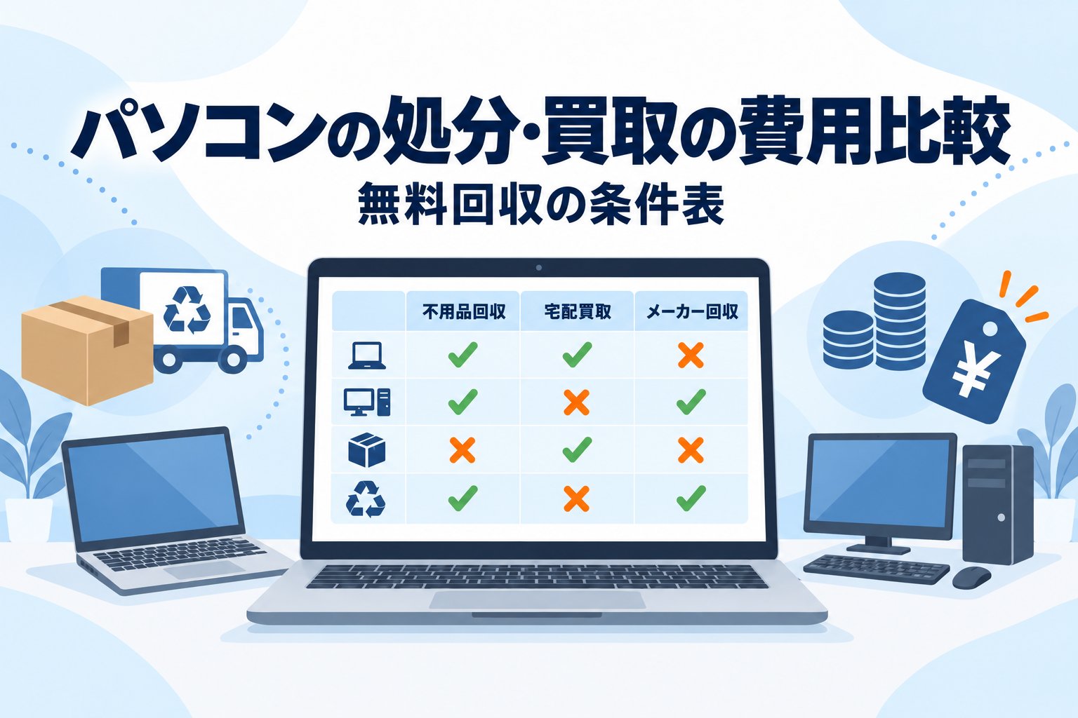 パソコンの処分・買取の費用比較｜無料回収の条件表