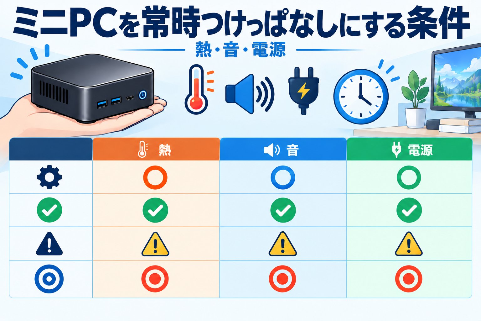 ミニPCを常時つけっぱなしにする条件｜熱・音・電源